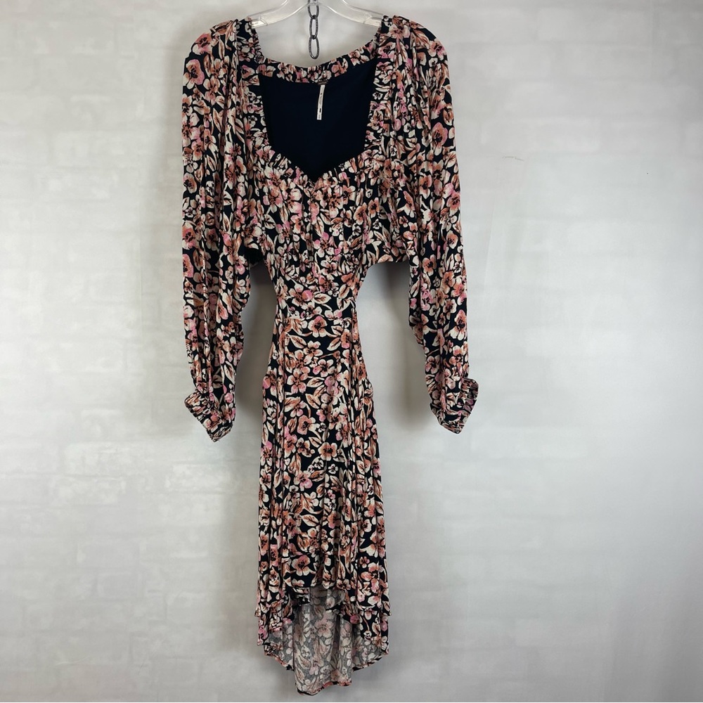 Free People Floral High-Low Maxi Dress Black Pink Long Sleeve Open Back Size M